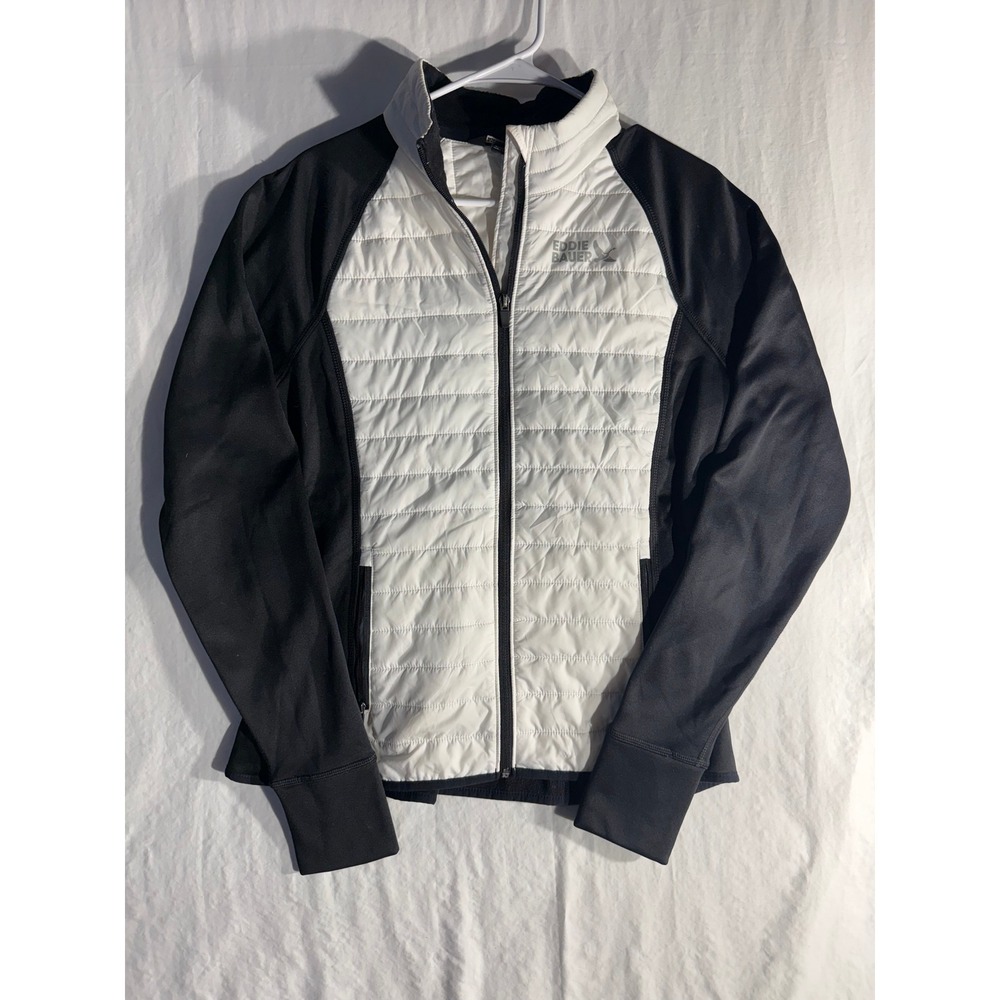 Eddie Bauer Womens Tall Large Hybrid Quilted Full Zip Jacket Black White TL